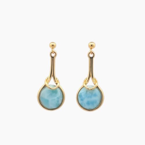 Larimar 10mm dangle Earrings 18KT Gold Over Sterling Silver