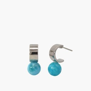 Classic Larimar 8-9mm Spheres, Bold Silver Hoops Earring