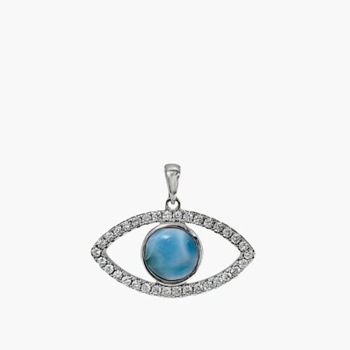Lucky Larimar 8mm Eye Pendant With White Sapphire accents