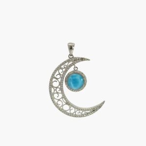 Larimar 8mm Half Moon Pendant With Pave White Sapphire Accents