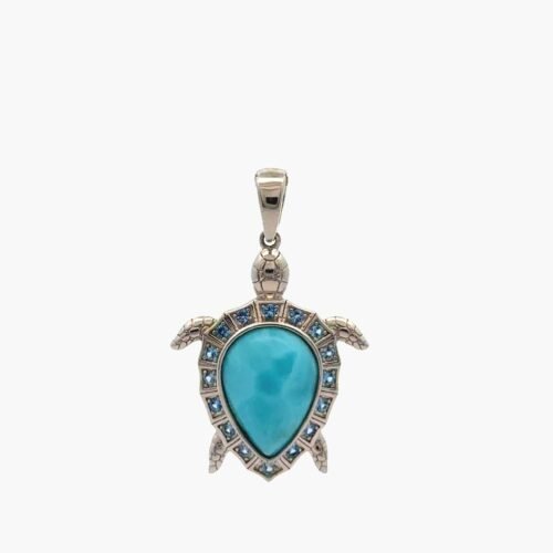 Larimar 10x14mm Sea Turtle Pendant Aquamarine Accents