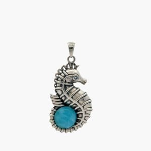 Larimar 10mm Seahorse Oxidized Sterling Silver