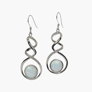 White opal 10mm Dangle Hook Earrings White Sapphire Accents
