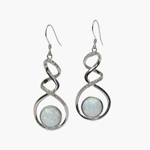 White opal 10mm Dangle Hook Earrings White Sapphire Accents