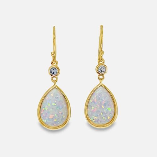 White Opal 10X14mm With White Sapphire Accents Hook Earrings