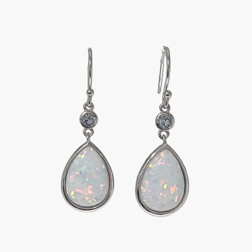 White Opal 10X14mm With Aquamarine Accents Hook Earrings