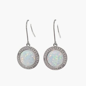 White Opal 10mm White Sapphire Accents Hook Earrings