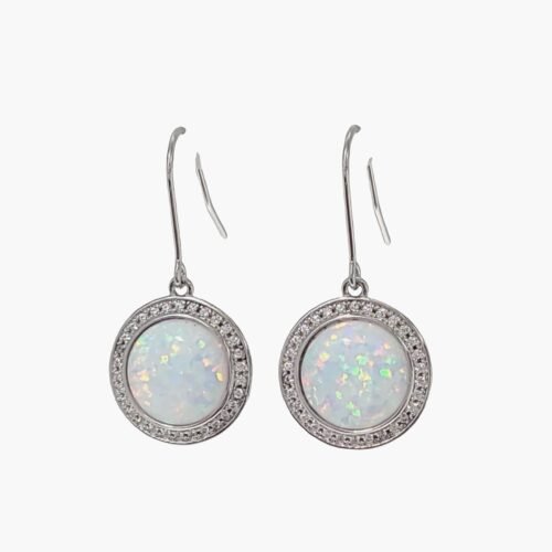 White Opal 10mm White Sapphire Accents Hook Earrings