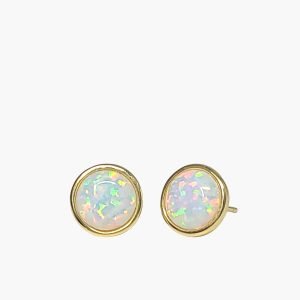 White Opal 8mm Bezel Stud Earrings,14KT Over .925 Sterling Sliver