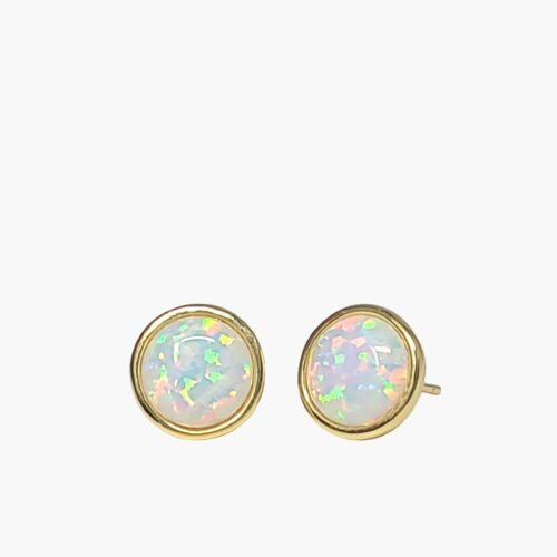 White Opal 8mm Bezel Stud Earrings,14KT Over .925 Sterling Sliver