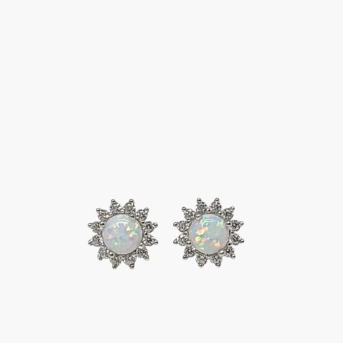 White Opal 5mm Halo Stud Earrings