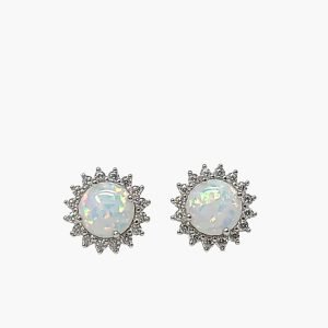 White Opal 7mm Halo Stud Earrings