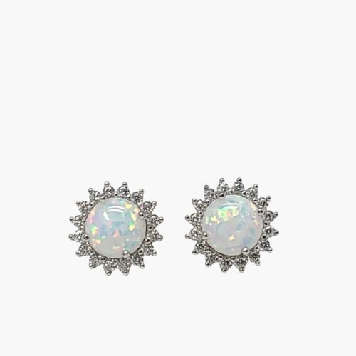 White Opal 7mm Halo Stud Earrings