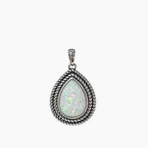 White Opal 10x14mm Pear Shaped Oxidized Sterling Silver Pendant