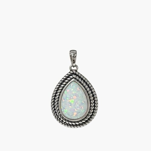 White Opal 10x14mm Pear Shaped Oxidized Sterling Silver Pendant