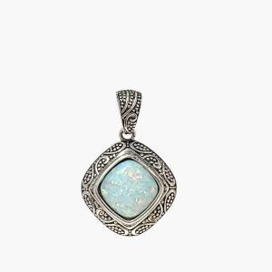 White Opal 10x10mm Cushion Cut Oxidized Sterling Silver Pendant