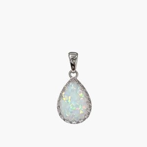 White Opal 10x14mm Pear Shaped Sterling Silver Crown Pendant
