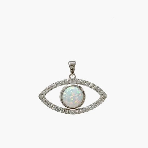 Lucky White Opal 8mm Evil Eye Pendant With White Sapphire Accents