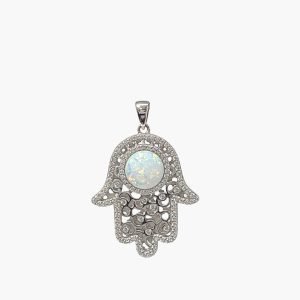 White Opal 8mm Hamsa Pendant With White Sapphire Accents