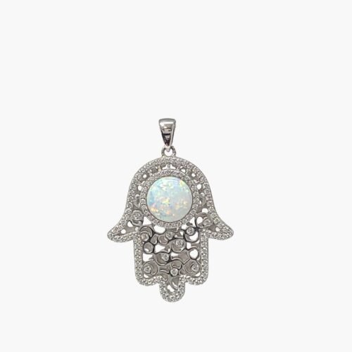 White Opal 8mm Hamsa Pendant With White Sapphire Accents