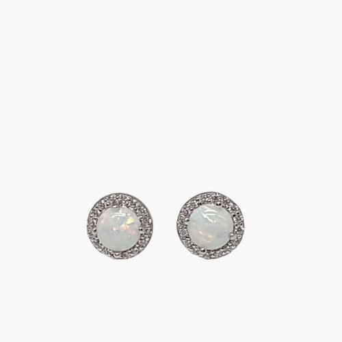White Opal 5mm Halo Stud Earrings