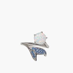 White Opal Whale Tail Ring, 8mm With Blue Topaz Accents, Adjustable Ring 6-9