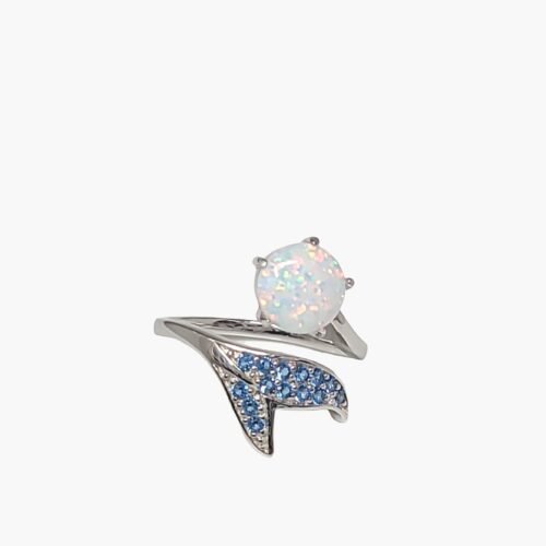 White Opal Whale Tail Ring, 8mm With Blue Topaz Accents, Adjustable Ring 6-9