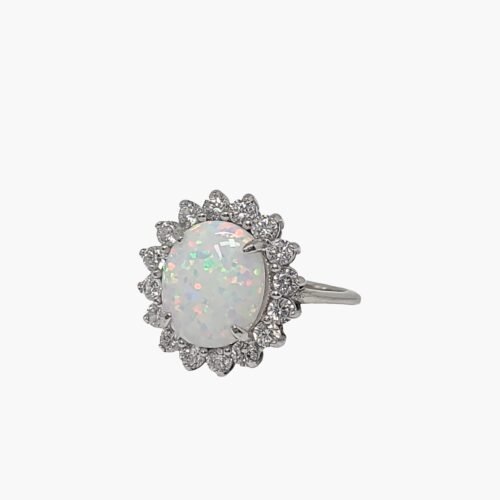 White Opal Sterling Silver 10X12mm Halo Ring