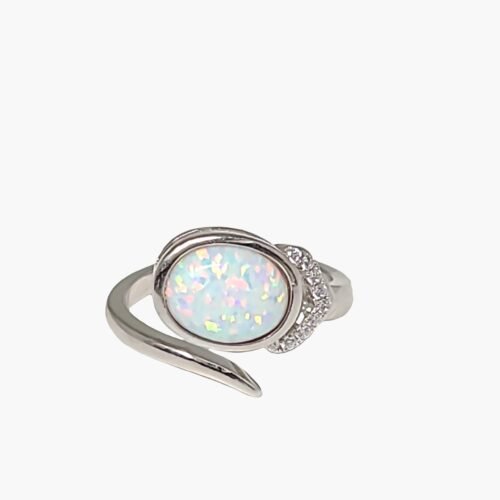 White Opal 8X10mm Sterling Silver Halo Ring