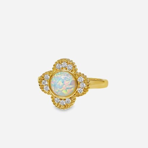 White Opal Clover Leaf Ring With White Sapphire Accents