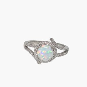 White Opal Sterling Silver 7mm Halo Ring