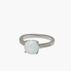 White Opal Sterling Silver 8mm Halo Ring