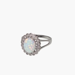 White Opal Sterling Silver 7mm Halo Ring
