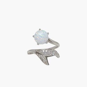 White Opal Whale Tail Ring, 8mm With White Sapphire Accents, Adjustable Ring 6-9