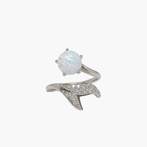 White Opal Whale Tail Ring, 8mm With White Sapphire Accents, Adjustable Ring 6-9