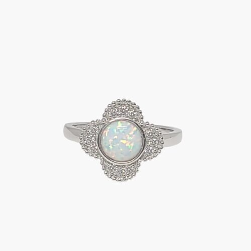 White Opal Clover Leaf Ring With White Sapphire Accents