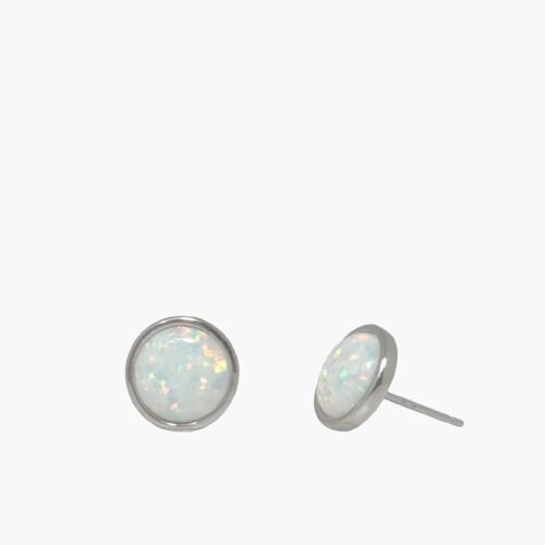 8mm White Opal Bezel Set Stud Earrings