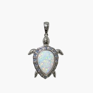 White Opal 10x14mm With Aquamarine Accents Sea Turtle Pendant