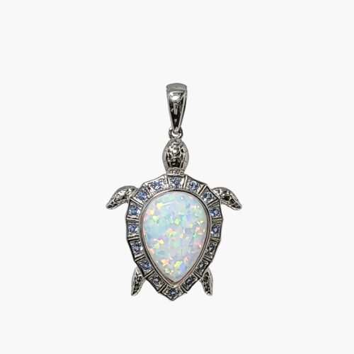 White Opal 10x14mm With Aquamarine Accents Sea Turtle Pendant