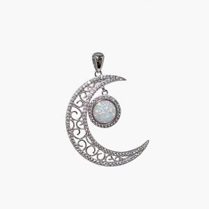White Opal 8mm Moon Pendant With Pave White Sapphire Accents