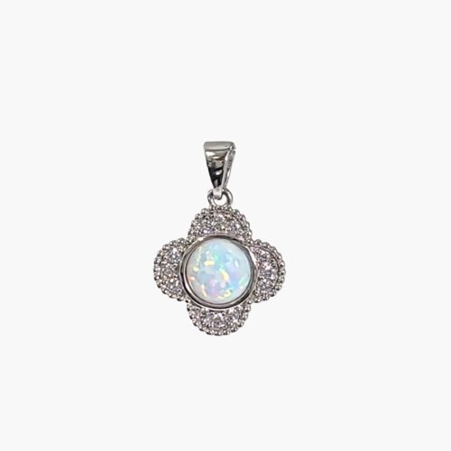 White Opal Clover Leaf Pendant With White Sapphire Accents