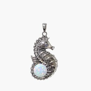 White Opal 10mm Seahorse Oxidized Sterling Silver