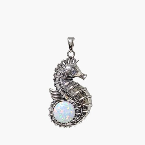 White Opal 10mm Seahorse Oxidized Sterling Silver