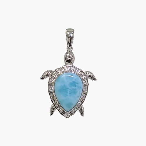 Larimar 10x14mm Sea Turtle Pendant White Sapphire Accents